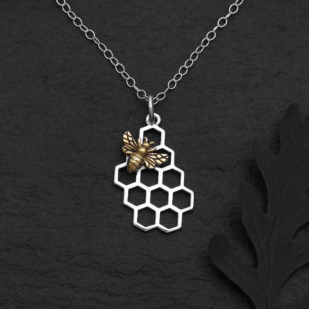 Silver necklace honeycomb with bronze bee