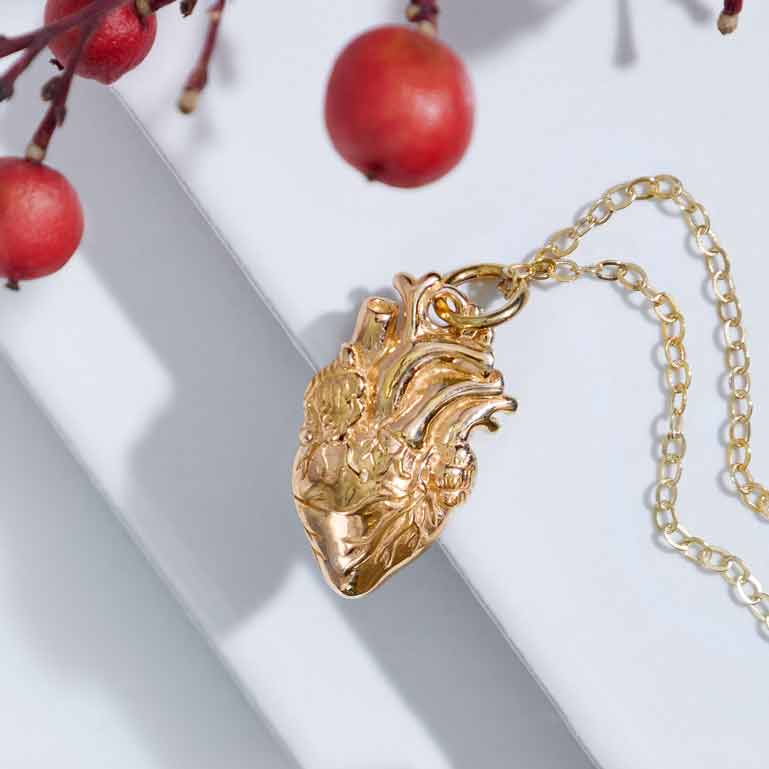 Gold filled necklace with bronze anatomical heart