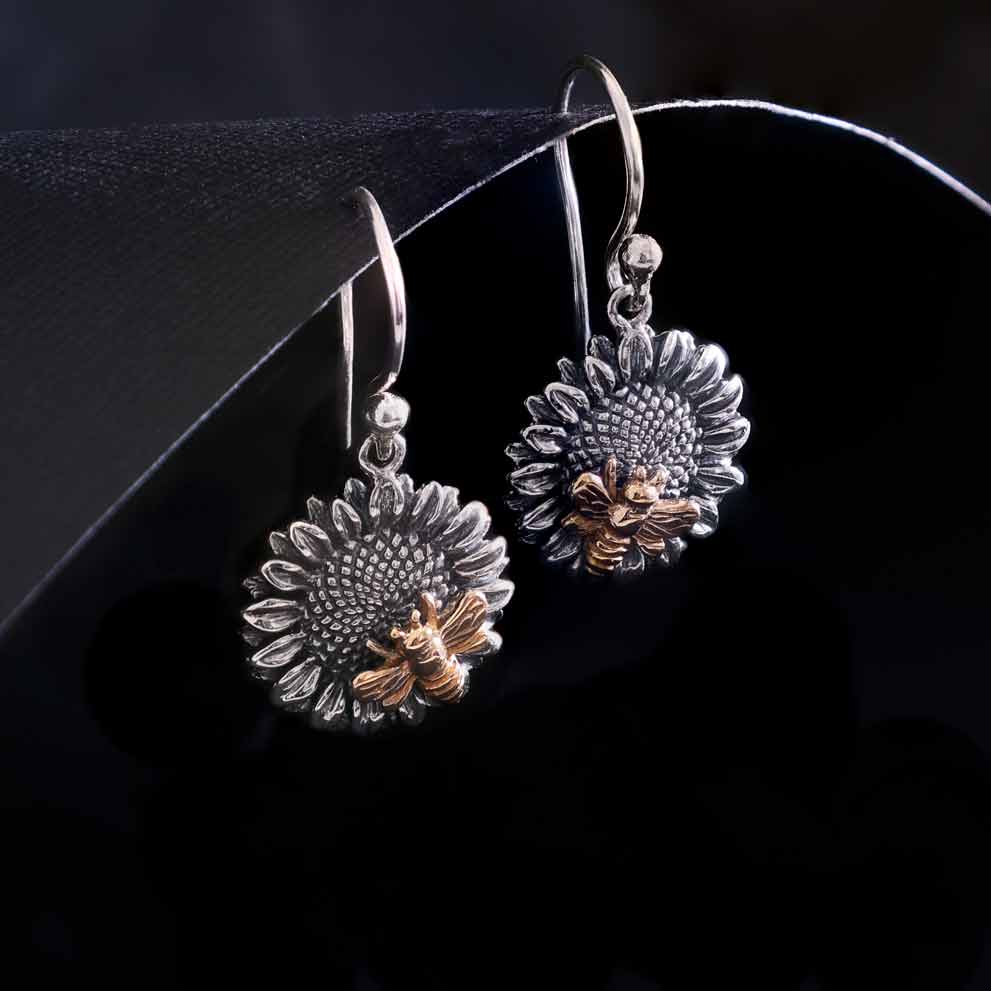 Silver earrings with sunflower and bronze bee