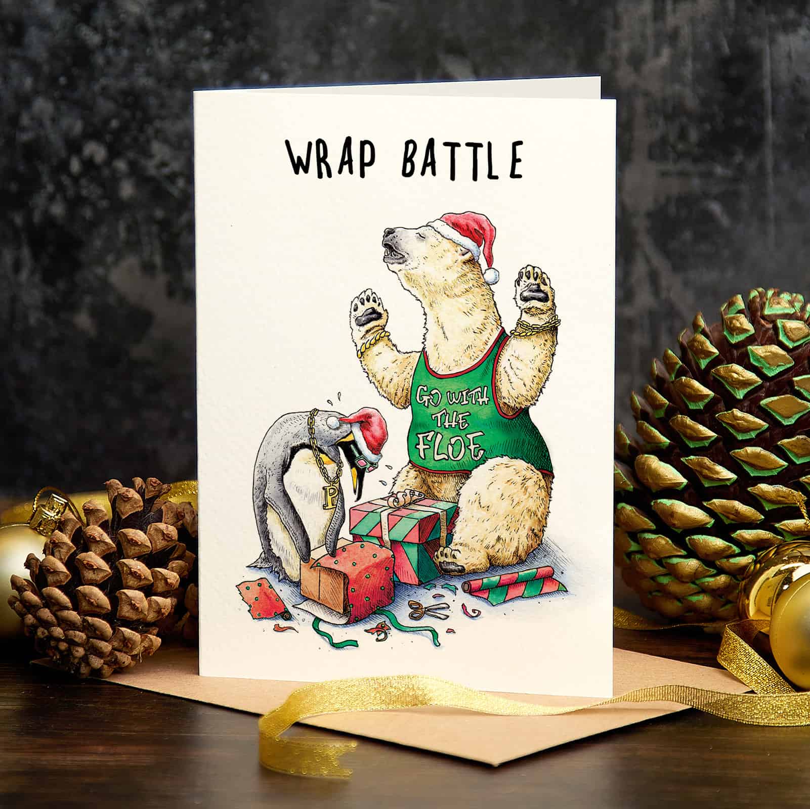Greeting card Christmas "Wrap battle" -. Fairy Positron