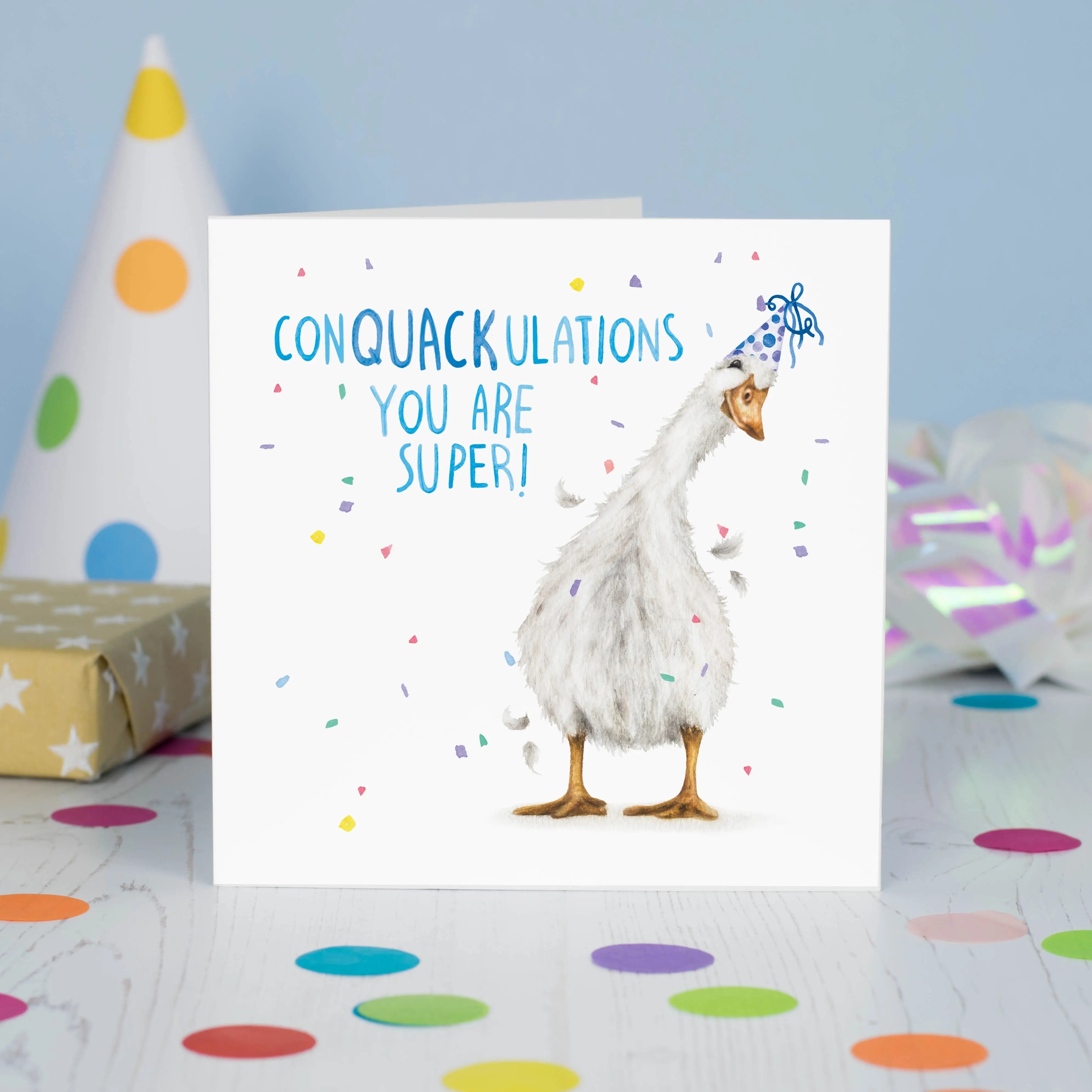 Greeting card duck "Conquackulations" -. Fairy Positron