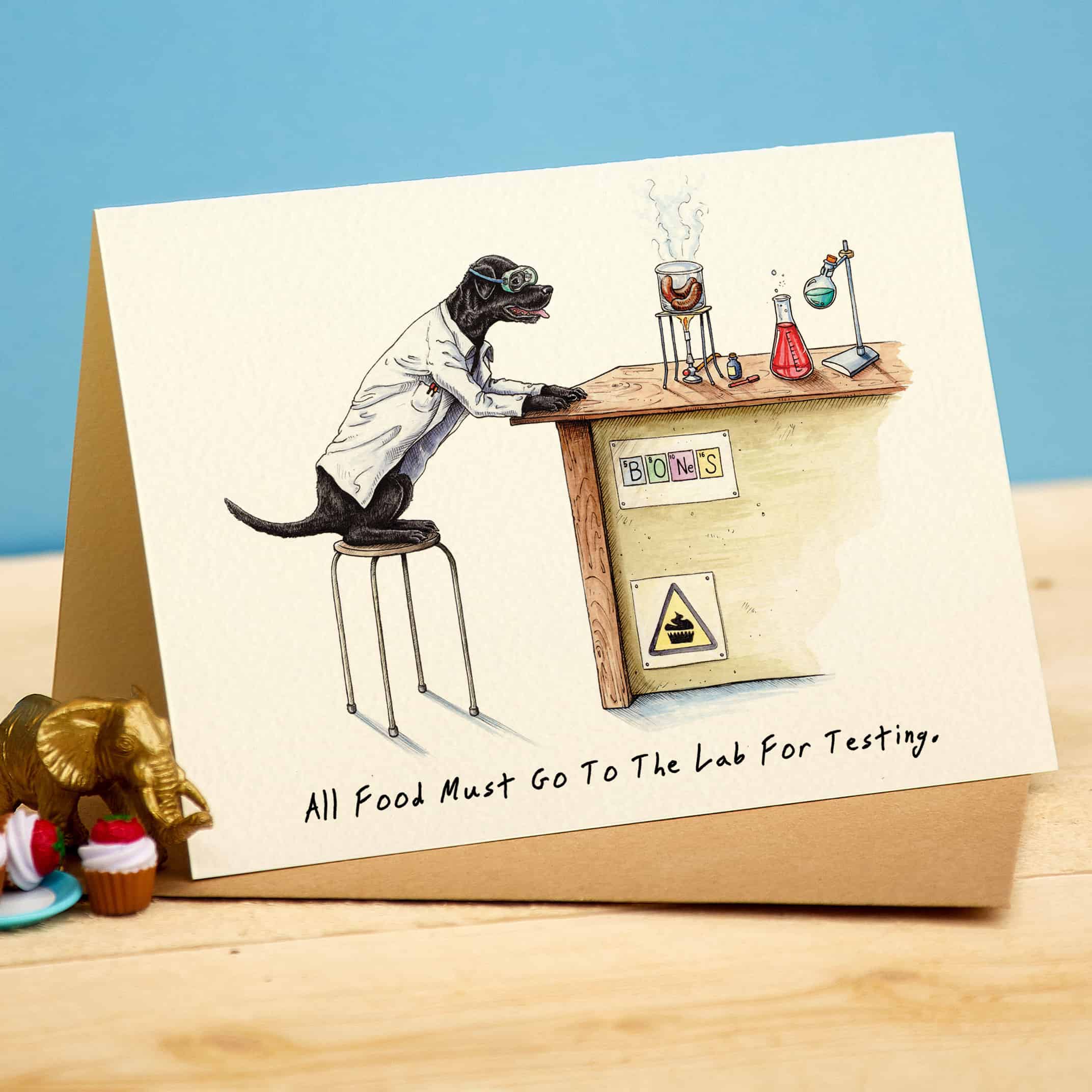 Greeting card lab "All food must go to the lab for testing" -. Fairy Positron