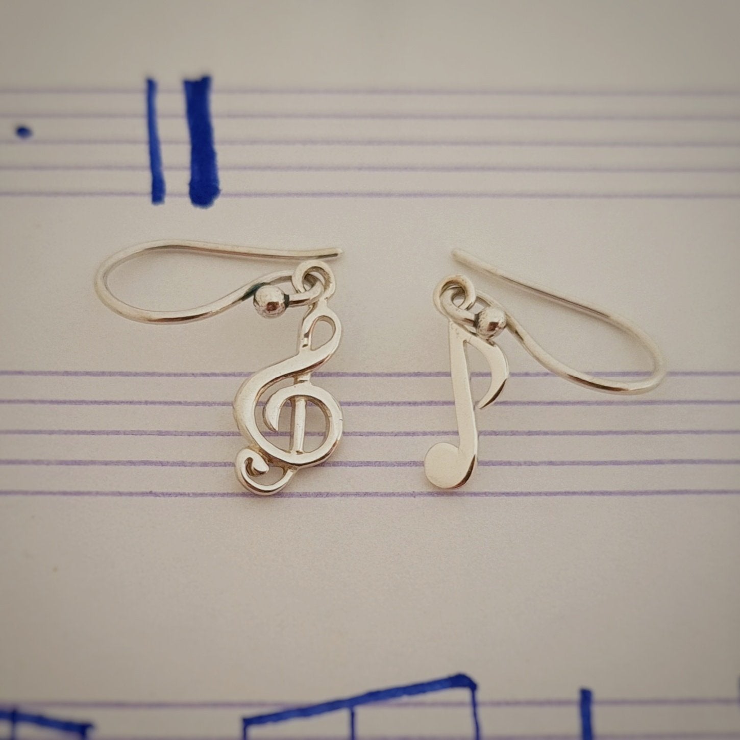 Silver earrings solo key and musical note - Fairy Positron