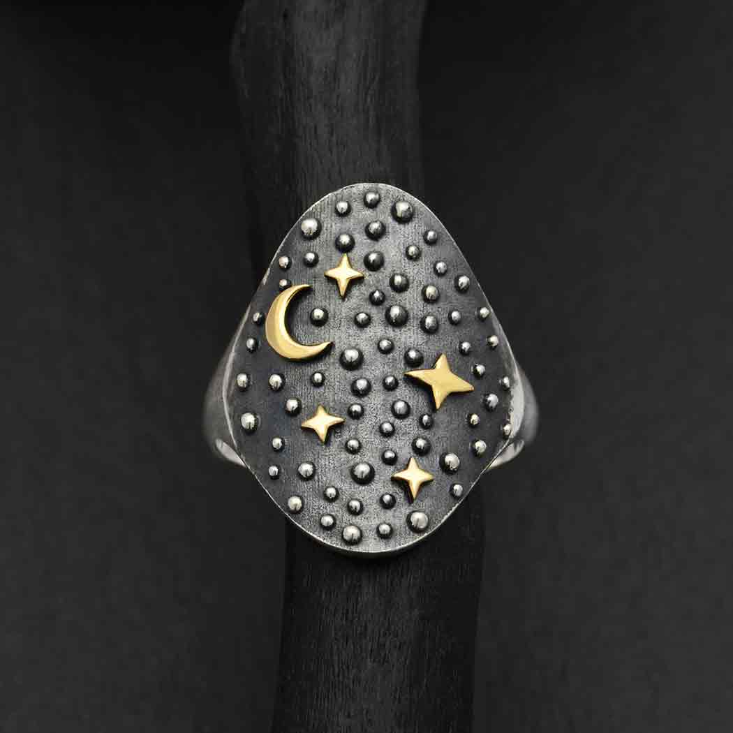 Silver ring Night Sky with bronze moon and stars -. Fairy Positron